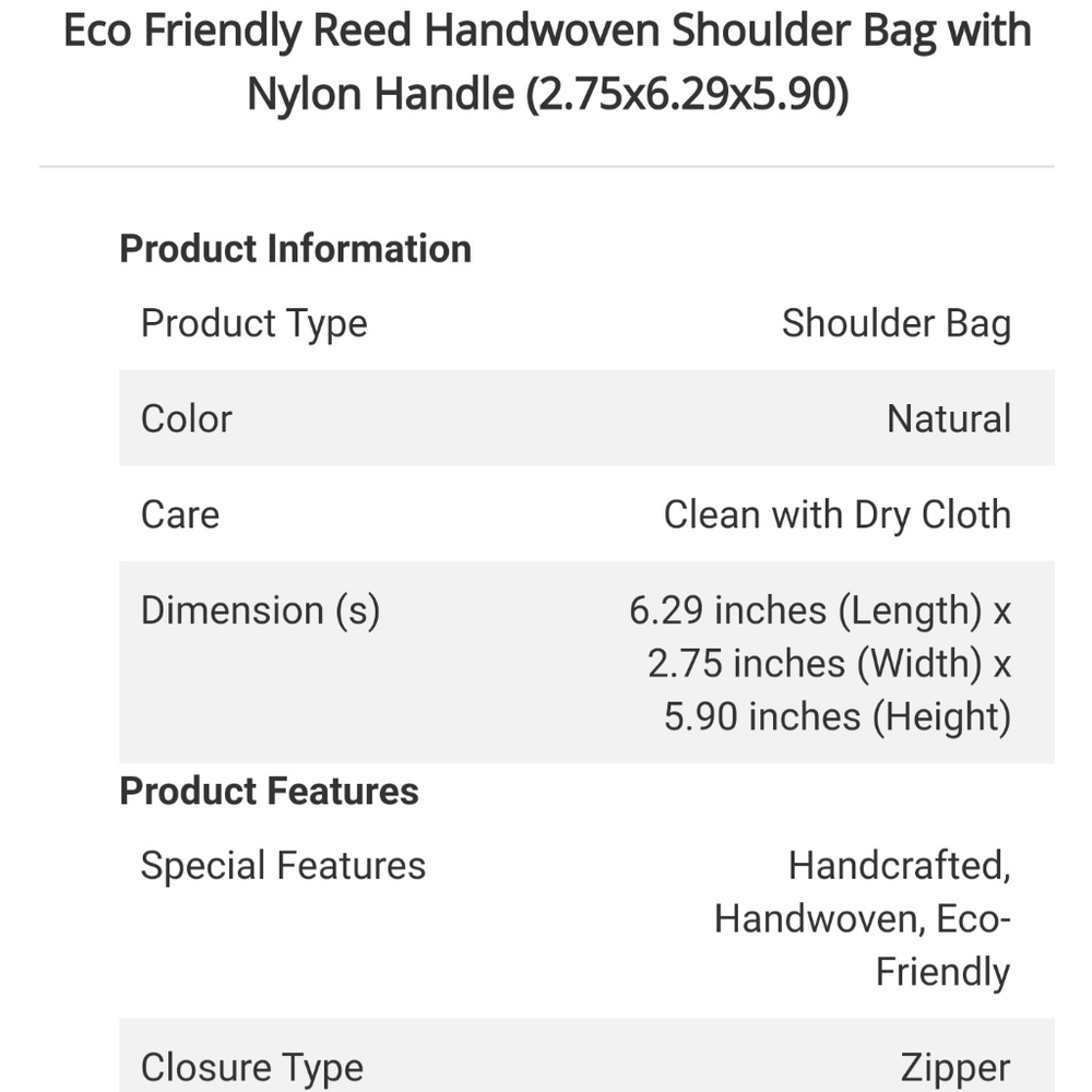 Eco Friendly Reed Handwoven Shoulder Bag with Nylon Handle (2.75x6.29x5.90) NWT - Picture 7 of 8